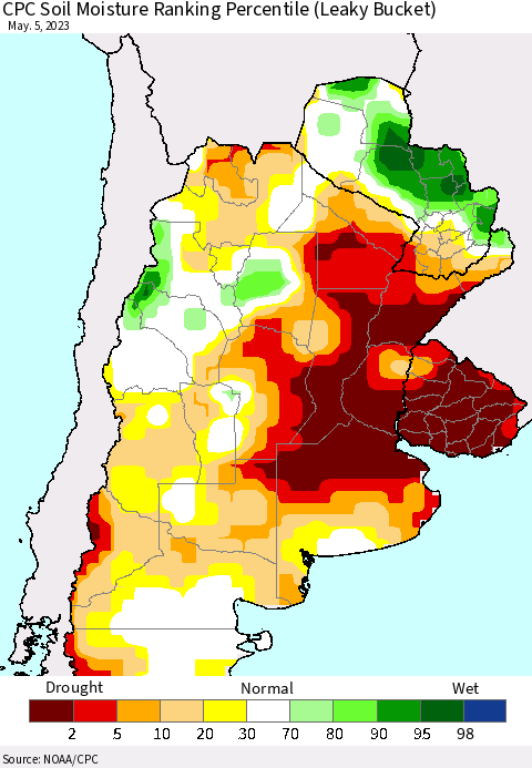 Southern South America CPC Soil Moisture Ranking Percentile (Leaky Bucket) Thematic Map For 5/1/2023 - 5/5/2023