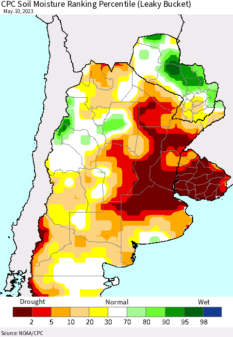 Southern South America CPC Soil Moisture Ranking Percentile (Leaky Bucket) Thematic Map For 5/6/2023 - 5/10/2023