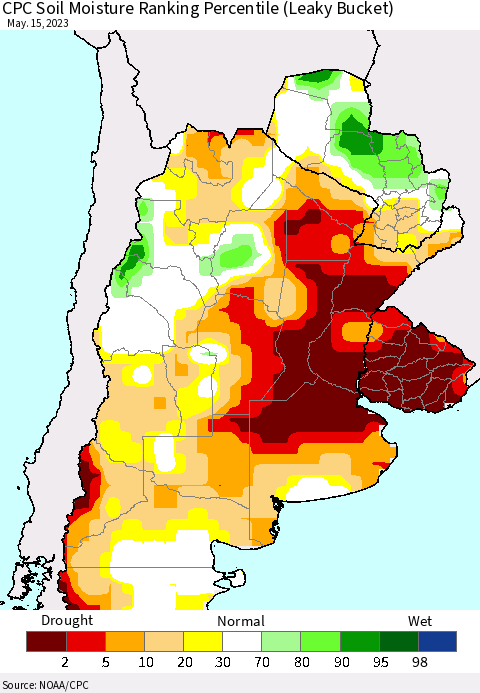 Southern South America CPC Soil Moisture Ranking Percentile (Leaky Bucket) Thematic Map For 5/11/2023 - 5/15/2023