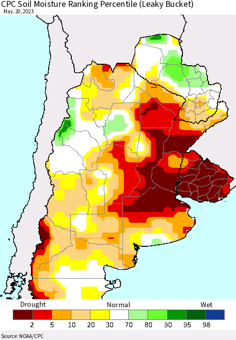Southern South America CPC Soil Moisture Ranking Percentile (Leaky Bucket) Thematic Map For 5/16/2023 - 5/20/2023