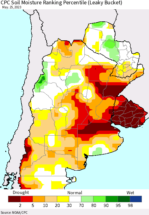 Southern South America CPC Soil Moisture Ranking Percentile (Leaky Bucket) Thematic Map For 5/21/2023 - 5/25/2023