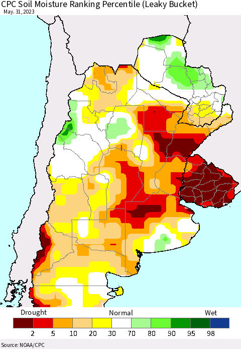 Southern South America CPC Soil Moisture Ranking Percentile (Leaky Bucket) Thematic Map For 5/26/2023 - 5/31/2023