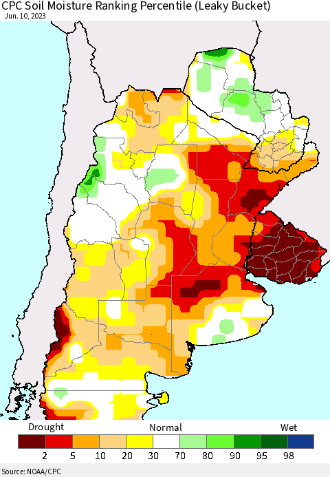 Southern South America CPC Soil Moisture Ranking Percentile (Leaky Bucket) Thematic Map For 6/6/2023 - 6/10/2023