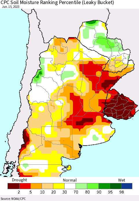 Southern South America CPC Soil Moisture Ranking Percentile (Leaky Bucket) Thematic Map For 6/11/2023 - 6/15/2023