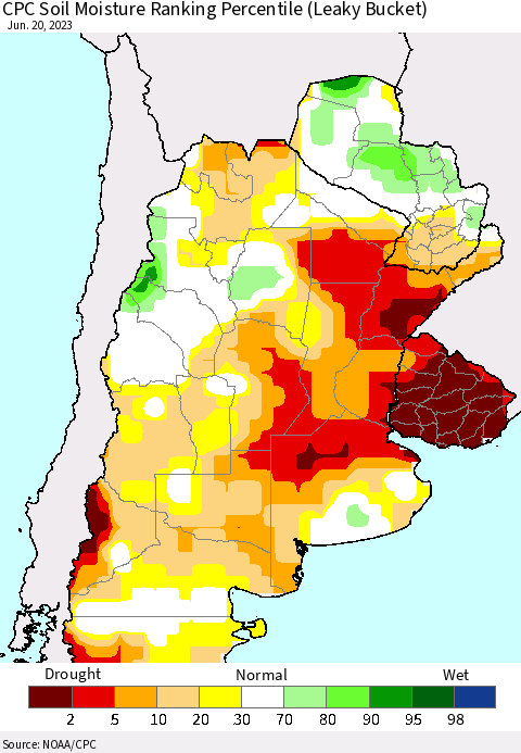 Southern South America CPC Soil Moisture Ranking Percentile (Leaky Bucket) Thematic Map For 6/16/2023 - 6/20/2023