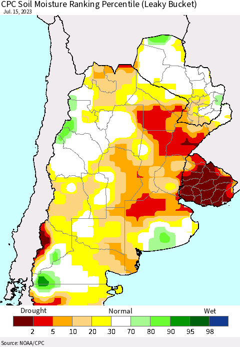 Southern South America CPC Soil Moisture Ranking Percentile (Leaky Bucket) Thematic Map For 7/11/2023 - 7/15/2023
