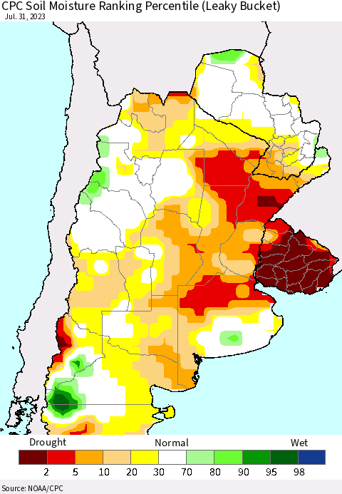 Southern South America CPC Soil Moisture Ranking Percentile (Leaky Bucket) Thematic Map For 7/26/2023 - 7/31/2023