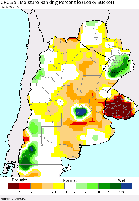 Southern South America CPC Soil Moisture Ranking Percentile (Leaky Bucket) Thematic Map For 9/21/2023 - 9/25/2023