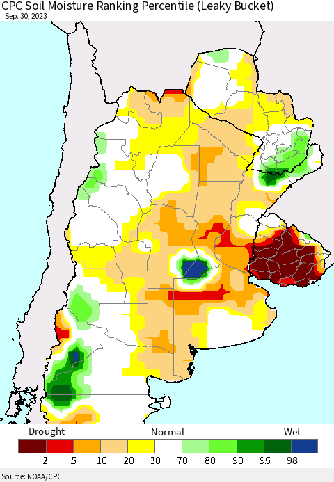 Southern South America CPC Soil Moisture Ranking Percentile (Leaky Bucket) Thematic Map For 9/26/2023 - 9/30/2023