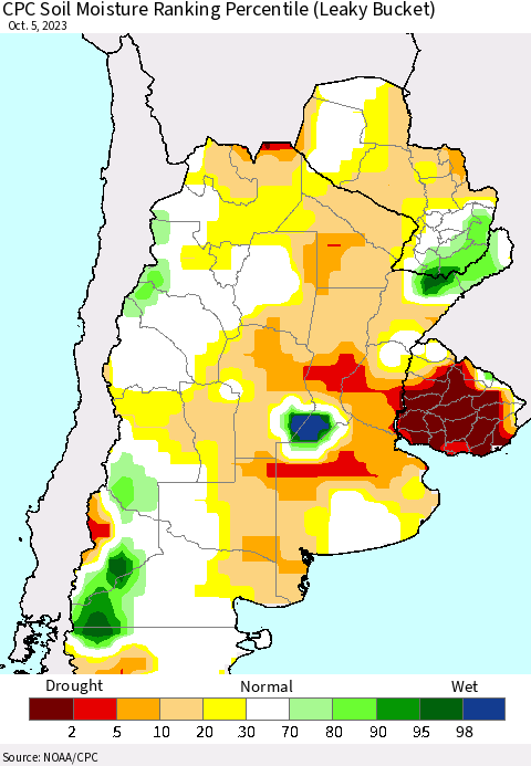 Southern South America CPC Soil Moisture Ranking Percentile (Leaky Bucket) Thematic Map For 10/1/2023 - 10/5/2023