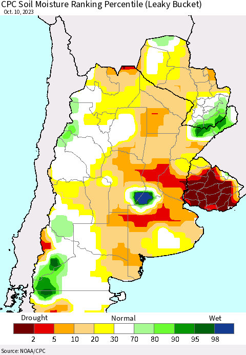 Southern South America CPC Soil Moisture Ranking Percentile (Leaky Bucket) Thematic Map For 10/6/2023 - 10/10/2023