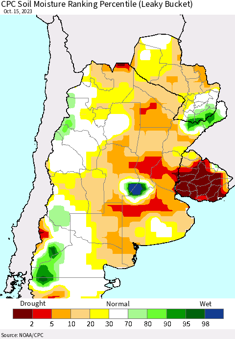Southern South America CPC Soil Moisture Ranking Percentile (Leaky Bucket) Thematic Map For 10/11/2023 - 10/15/2023
