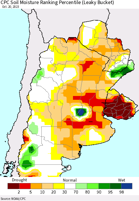 Southern South America CPC Soil Moisture Ranking Percentile (Leaky Bucket) Thematic Map For 10/16/2023 - 10/20/2023
