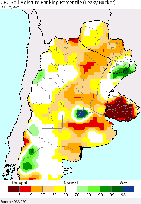 Southern South America CPC Soil Moisture Ranking Percentile (Leaky Bucket) Thematic Map For 10/21/2023 - 10/25/2023