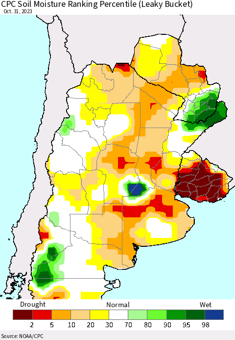 Southern South America CPC Soil Moisture Ranking Percentile (Leaky Bucket) Thematic Map For 10/26/2023 - 10/31/2023