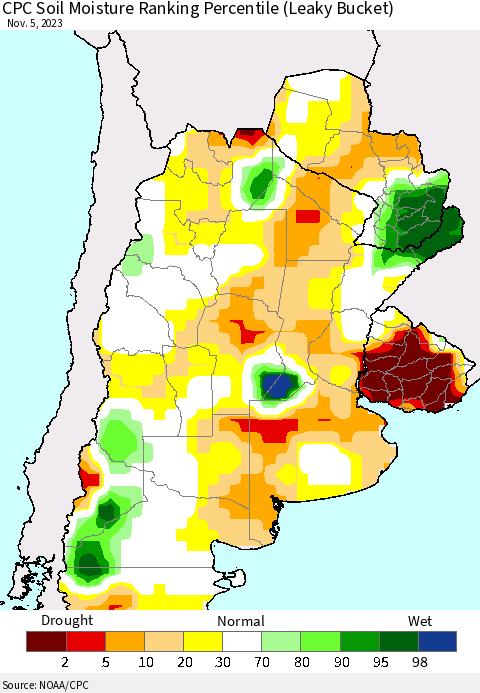 Southern South America CPC Soil Moisture Ranking Percentile (Leaky Bucket) Thematic Map For 11/1/2023 - 11/5/2023