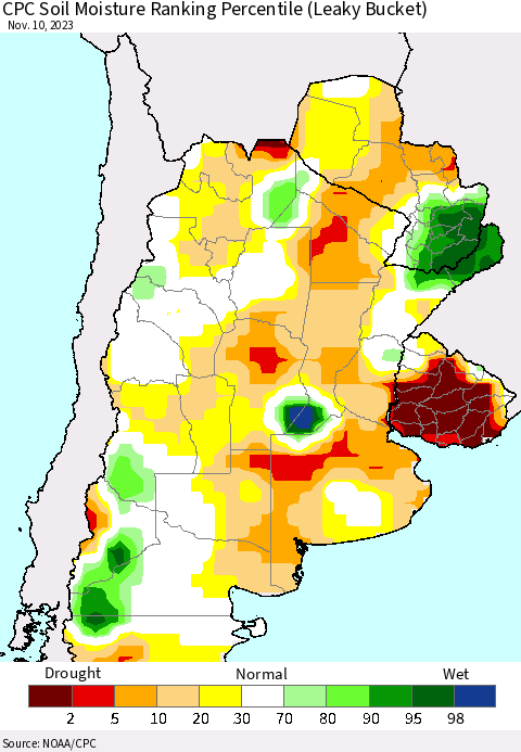 Southern South America CPC Soil Moisture Ranking Percentile (Leaky Bucket) Thematic Map For 11/6/2023 - 11/10/2023
