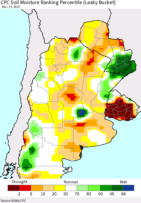 Southern South America CPC Soil Moisture Ranking Percentile (Leaky Bucket) Thematic Map For 11/11/2023 - 11/15/2023