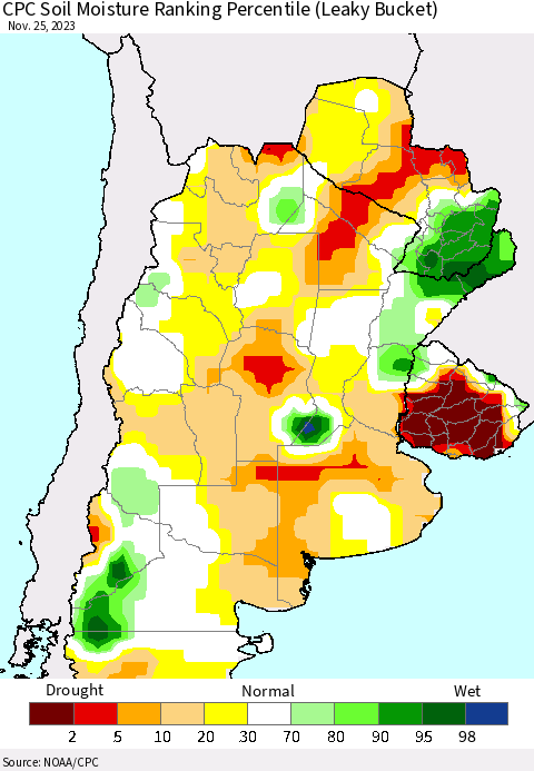 Southern South America CPC Soil Moisture Ranking Percentile (Leaky Bucket) Thematic Map For 11/21/2023 - 11/25/2023