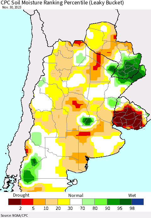 Southern South America CPC Soil Moisture Ranking Percentile (Leaky Bucket) Thematic Map For 11/26/2023 - 11/30/2023