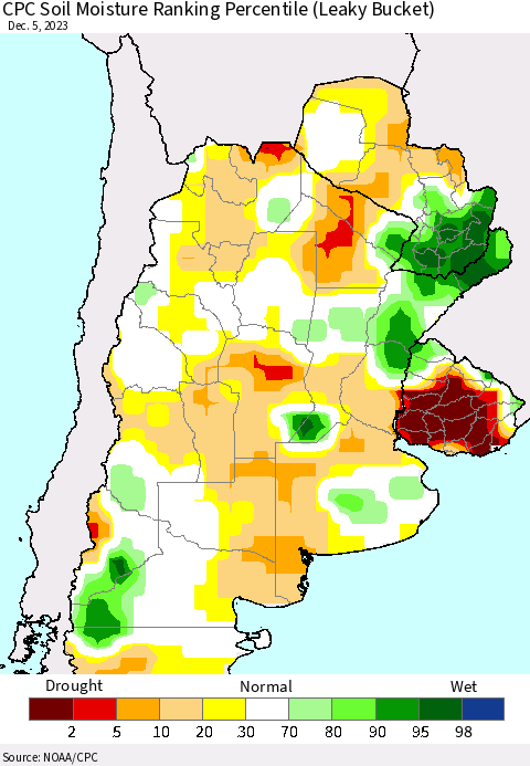 Southern South America CPC Soil Moisture Ranking Percentile (Leaky Bucket) Thematic Map For 12/1/2023 - 12/5/2023