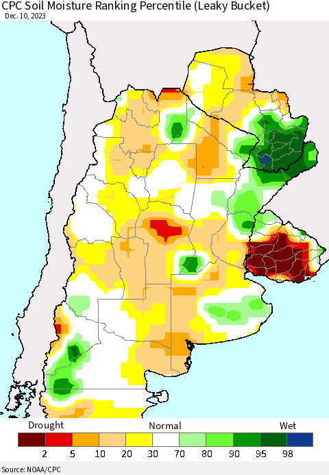 Southern South America CPC Soil Moisture Ranking Percentile (Leaky Bucket) Thematic Map For 12/6/2023 - 12/10/2023