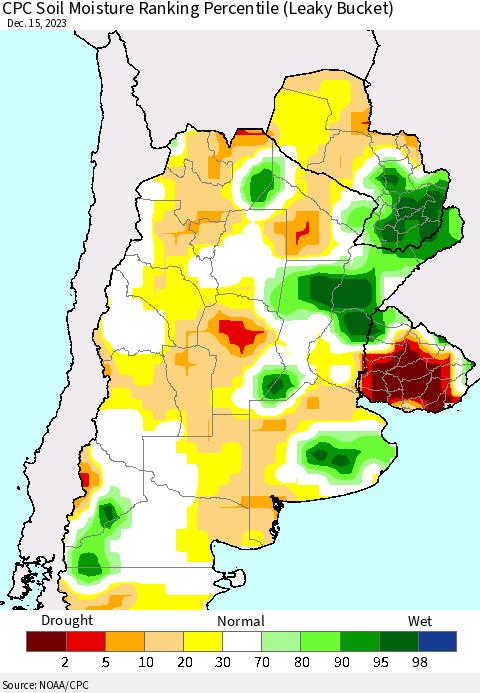 Southern South America CPC Soil Moisture Ranking Percentile (Leaky Bucket) Thematic Map For 12/11/2023 - 12/15/2023
