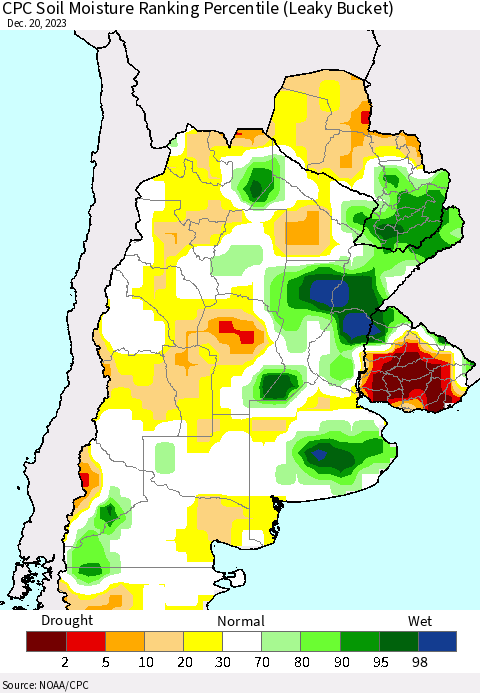 Southern South America CPC Soil Moisture Ranking Percentile (Leaky Bucket) Thematic Map For 12/16/2023 - 12/20/2023