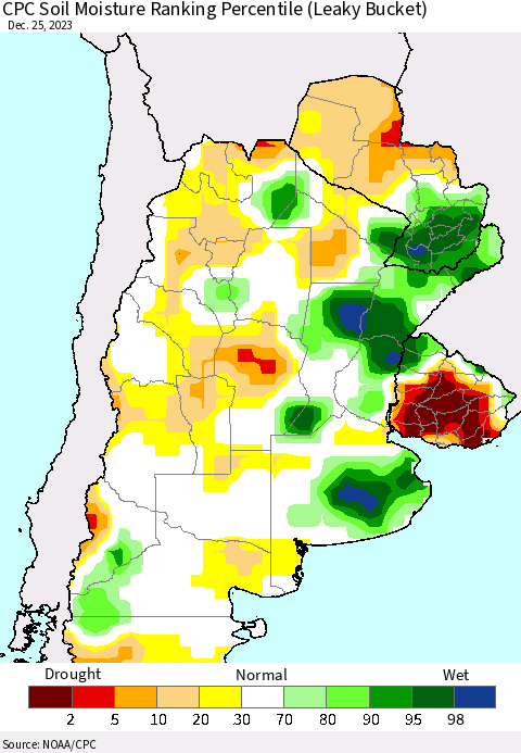 Southern South America CPC Soil Moisture Ranking Percentile (Leaky Bucket) Thematic Map For 12/21/2023 - 12/25/2023
