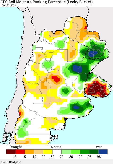 Southern South America CPC Soil Moisture Ranking Percentile (Leaky Bucket) Thematic Map For 12/26/2023 - 12/31/2023