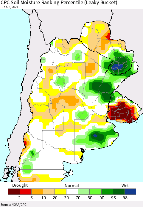 Southern South America CPC Soil Moisture Ranking Percentile (Leaky Bucket) Thematic Map For 1/1/2024 - 1/5/2024