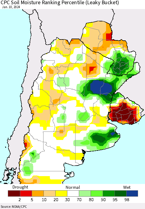 Southern South America CPC Soil Moisture Ranking Percentile (Leaky Bucket) Thematic Map For 1/6/2024 - 1/10/2024