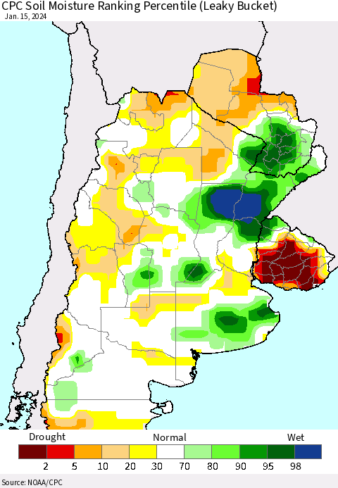 Southern South America CPC Soil Moisture Ranking Percentile (Leaky Bucket) Thematic Map For 1/11/2024 - 1/15/2024