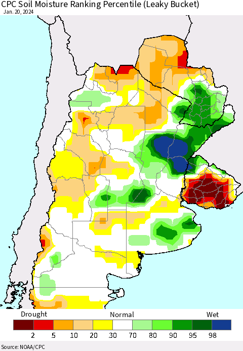 Southern South America CPC Soil Moisture Ranking Percentile (Leaky Bucket) Thematic Map For 1/16/2024 - 1/20/2024