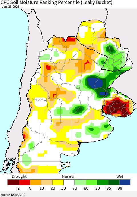 Southern South America CPC Soil Moisture Ranking Percentile (Leaky Bucket) Thematic Map For 1/21/2024 - 1/25/2024
