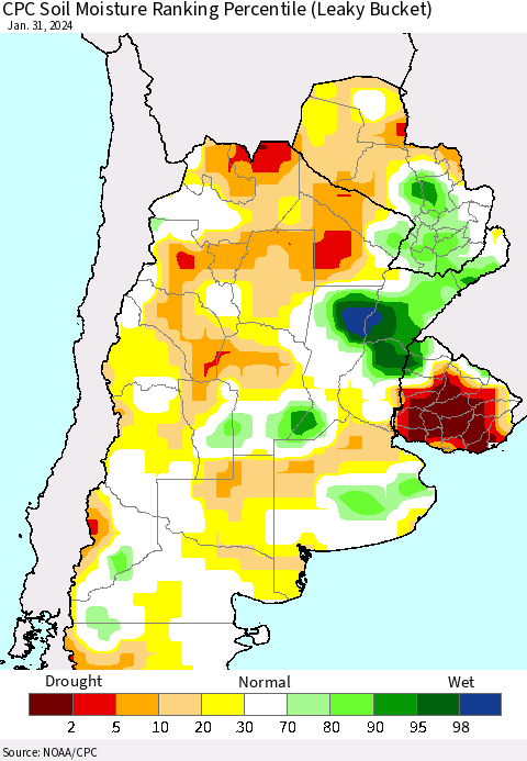 Southern South America CPC Soil Moisture Ranking Percentile (Leaky Bucket) Thematic Map For 1/26/2024 - 1/31/2024