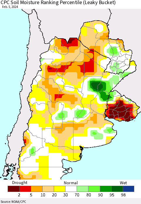 Southern South America CPC Soil Moisture Ranking Percentile (Leaky Bucket) Thematic Map For 2/1/2024 - 2/5/2024