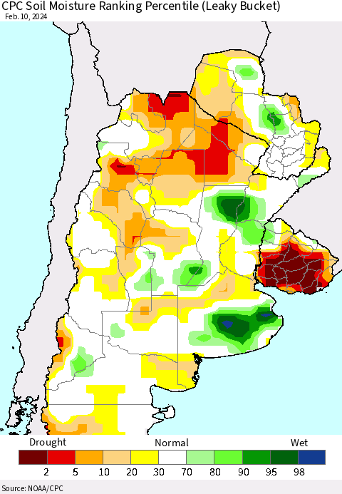 Southern South America CPC Soil Moisture Ranking Percentile (Leaky Bucket) Thematic Map For 2/6/2024 - 2/10/2024