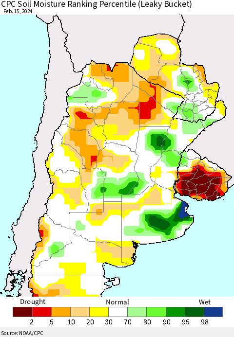 Southern South America CPC Soil Moisture Ranking Percentile (Leaky Bucket) Thematic Map For 2/11/2024 - 2/15/2024
