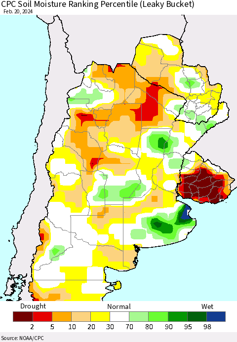 Southern South America CPC Soil Moisture Ranking Percentile (Leaky Bucket) Thematic Map For 2/16/2024 - 2/20/2024