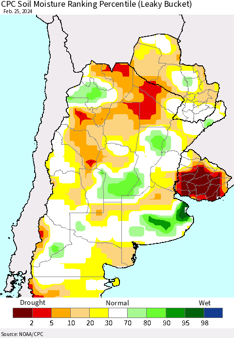 Southern South America CPC Soil Moisture Ranking Percentile (Leaky Bucket) Thematic Map For 2/21/2024 - 2/25/2024