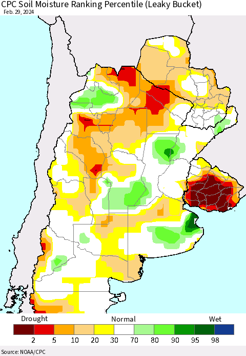 Southern South America CPC Soil Moisture Ranking Percentile (Leaky Bucket) Thematic Map For 2/26/2024 - 2/29/2024