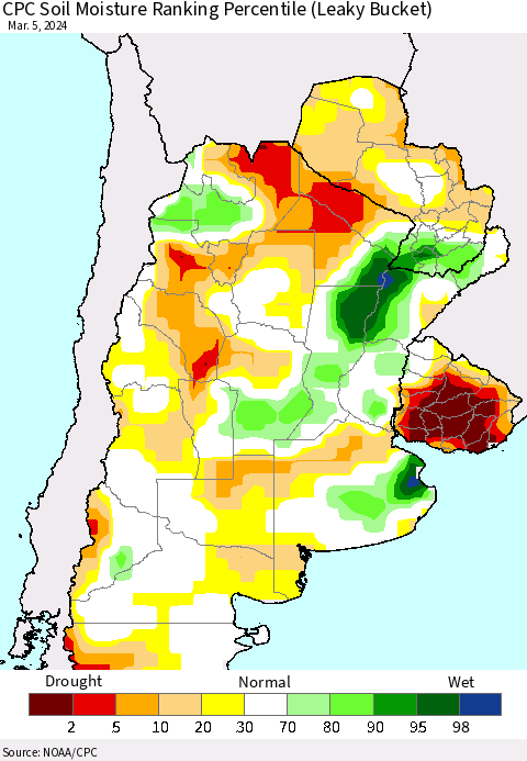 Southern South America CPC Soil Moisture Ranking Percentile (Leaky Bucket) Thematic Map For 3/1/2024 - 3/5/2024