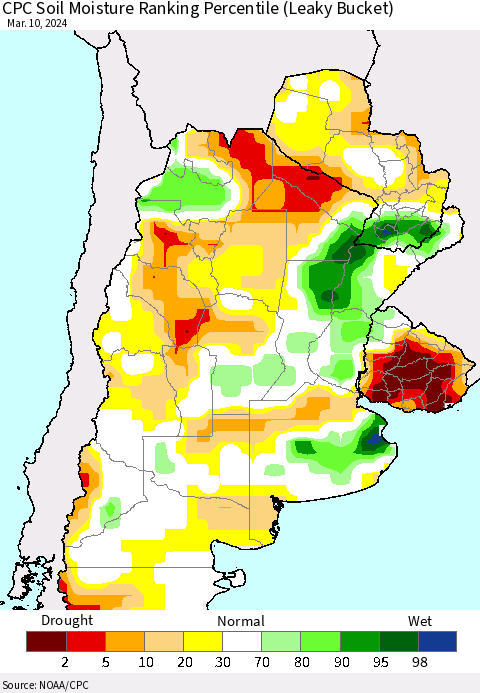 Southern South America CPC Soil Moisture Ranking Percentile (Leaky Bucket) Thematic Map For 3/6/2024 - 3/10/2024