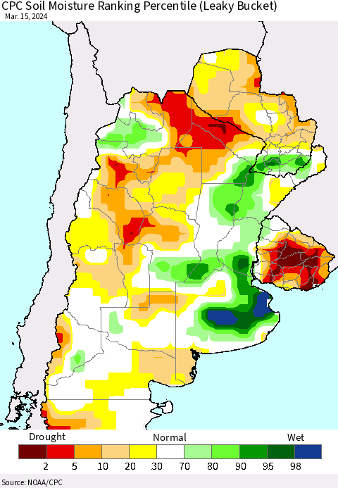 Southern South America CPC Soil Moisture Ranking Percentile (Leaky Bucket) Thematic Map For 3/11/2024 - 3/15/2024