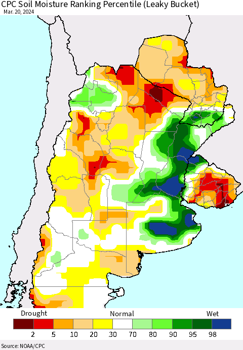 Southern South America CPC Soil Moisture Ranking Percentile (Leaky Bucket) Thematic Map For 3/16/2024 - 3/20/2024