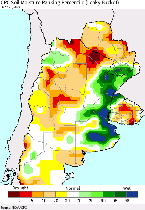 Southern South America CPC Soil Moisture Ranking Percentile (Leaky Bucket) Thematic Map For 3/21/2024 - 3/25/2024