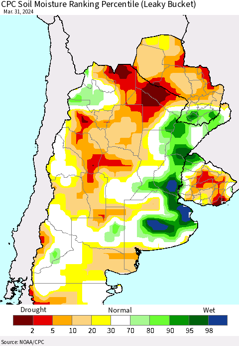 Southern South America CPC Soil Moisture Ranking Percentile (Leaky Bucket) Thematic Map For 3/26/2024 - 3/31/2024