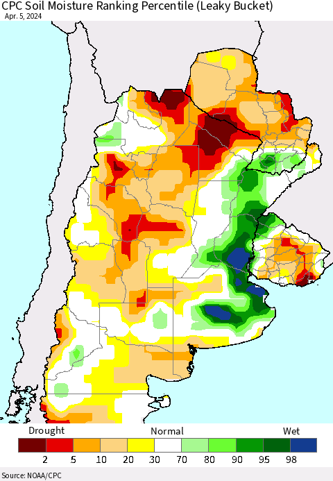 Southern South America CPC Soil Moisture Ranking Percentile (Leaky Bucket) Thematic Map For 4/1/2024 - 4/5/2024