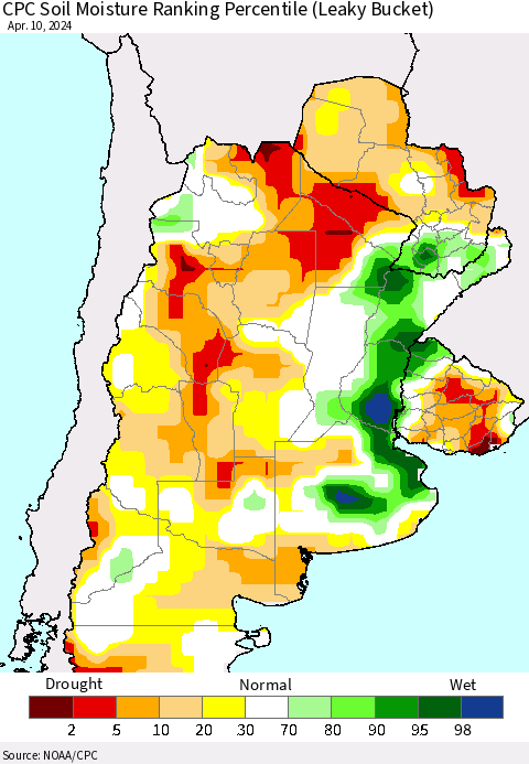 Southern South America CPC Soil Moisture Ranking Percentile (Leaky Bucket) Thematic Map For 4/6/2024 - 4/10/2024